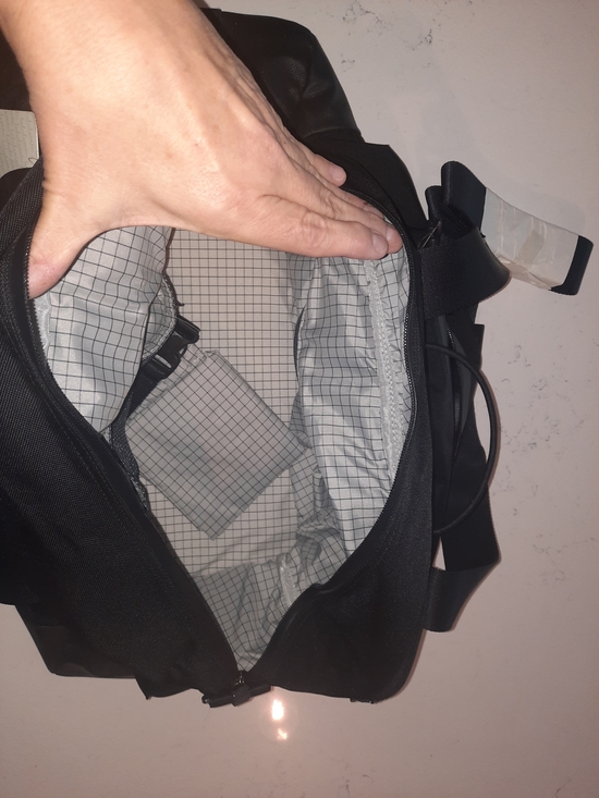 environmentally friendly travel toiletry bag Large in Olive Green PFAs hued panel is a Color:Shady Blue/TNF White-NPF Can a Lululemon belt